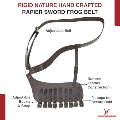 Armory Replicas Handcrafted Rigid Nature Right-Handed Leather Rapier Sword Frog Belt with Adjustable Fit - color: Brown
