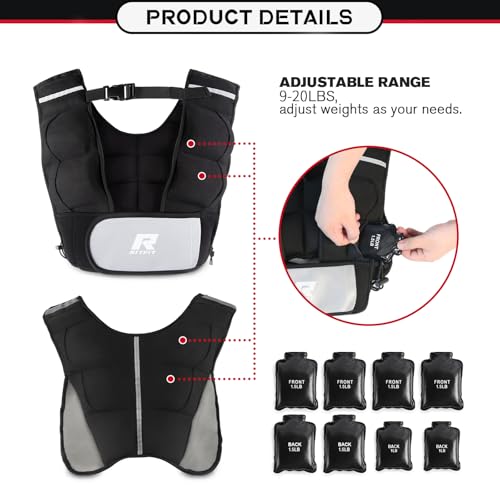 RitFit Weighted Vest, 4lb/8lb/10lb/12lb/15lb/20lb Weight Vest with Reflective Stripes, Weight Vest Adjustable for Women and Men Workout, Strength Training, Running, Fitness, Jogging, Walking - color: Adjustable 9-20LB