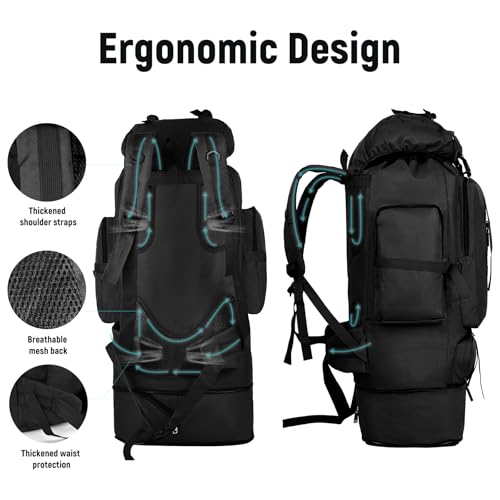 JUMAHE 100L Hiking Backpack for Men - Rucksack Molle Military Tactical Waterproof Lightweight Camping Backpack 3 Day Assault Pack for Travel, Climbing, Backpacking - color: 100l Black - Expandable, style: Hiking Backpack 3077