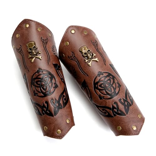 Leather Bracers for Men - Viking Embossed Medieval Arm Archery Guard Gauntlet Costumes - color: Hbr057-skull Brown