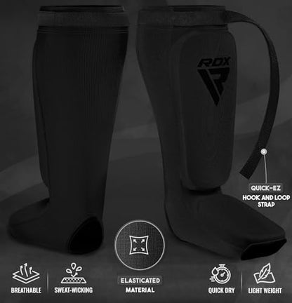 RDX Shin Guards Kickboxing Muay Thai, SATRA Approved, MMA Leg Instep Protection Pads, Sparring Training Martial Arts Boxing, Elasticated Padded Protector, Karate BJJ Taekwondo Gear, Men Women - color: Full Black, size: Small