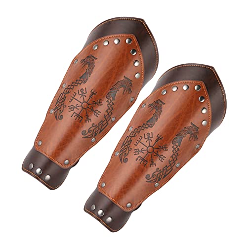 HZMAN Medieval Gauntlet Wristband Faux Leather Bracer Archery Arm Guard - color: Viking Dragon Boat Brown