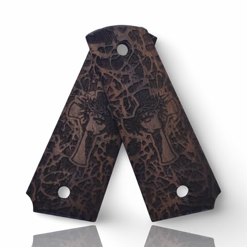 Art Series 1911 Pistol Grips – Handcrafted Walnut Wood Panels with Unique Engraved Designs | Oil Finish | Fits Full-Size 1911 Clones - color: Mystic Cross