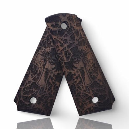 Art Series 1911 Pistol Grips – Handcrafted Walnut Wood Panels with Unique Engraved Designs | Oil Finish | Fits Full-Size 1911 Clones - color: Mystic Cross