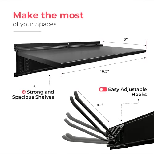 TIDYME Garage Tool Organizer Wall Mount 64", 2 Shelves & 4 Single Hooks - size: 64" with 2 Racks & 4 Hooks