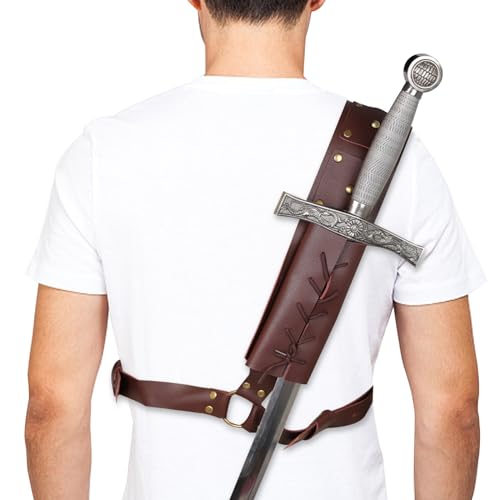 Medieval Sword Holster Warrior Medieval Armor, Shoulder Back Sheath Frog Holder Crossbody, Medieval Retro Sword Shoulder Back Sheath Holder, Adjustable Vikings Medieval Viking Shoulder Sword Belt - color: Brown
