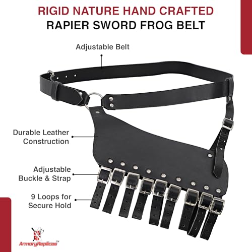 Armory Replicas Handcrafted Rigid Nature Right-Handed Leather Rapier Sword Frog Belt with Adjustable Fit - color: Black