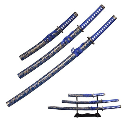 FullTang Iaido Samurai Sword 3-Piece Set, Japanese Samurai Swords with Display Stand, Engraved Scabbard, 1045 Medium Carbon Steel, Available in Blue, Black, Bamboo Leaf - color: Blue