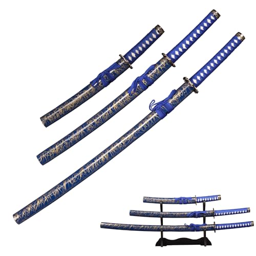 FullTang Iaido Samurai Sword 3-Piece Set, Japanese Samurai Swords with Display Stand, Engraved Scabbard, 1045 Medium Carbon Steel, Available in Blue, Black, Bamboo Leaf - color: Blue