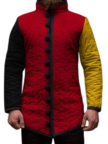 Tri-Color HEMA Gambeson Jacket – Red, Black & Yellow Quilted Cotton Armor for LARP, Reenactment & Medieval Combat Training. - size: XX-Large
