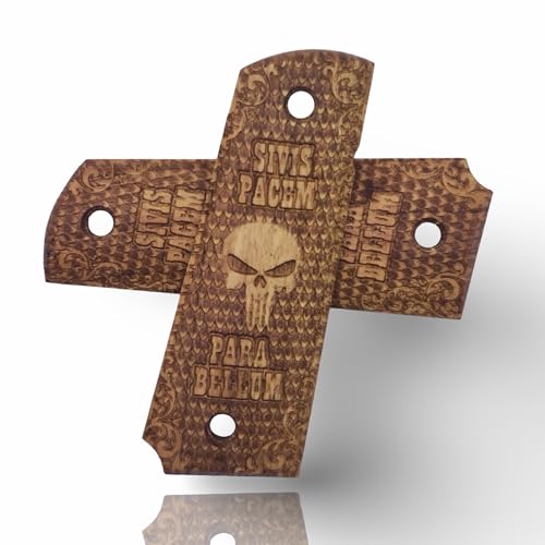 Art Series 1911 Pistol Grips – Handcrafted Walnut Wood Panels with Unique Engraved Designs | Oil Finish | Fits Full-Size 1911 Clones - color: Punisher Motto