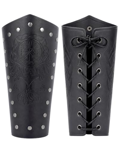Medieval Viking Leather Bracers Renaissance Embossed Arm Guards - color: Black - Phoenix