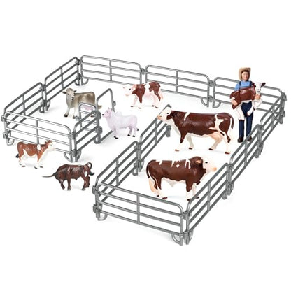 JOKFEICE 20PCS Farm Fence Panel Playset with 2 Opening Gates, Silver Plastic Fencing Accessories for Animal Barn Corral Paddock, Flexible Diorama Sandbox Scene Decor, Educational Toy Gift for Kids