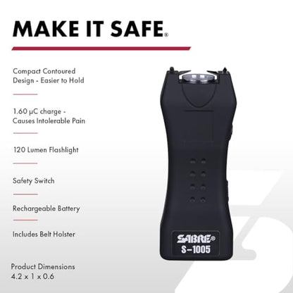 SABRE 2-in-1 Stun Gun and Flashlight and Belt Holster, Emits 1.60 Powerful Pain Inducing Microcoulombs (µC) Charge, 120 Lumen LED Flashlight, Rubberized Grip, Compact Design, Rechargeable - color: Black