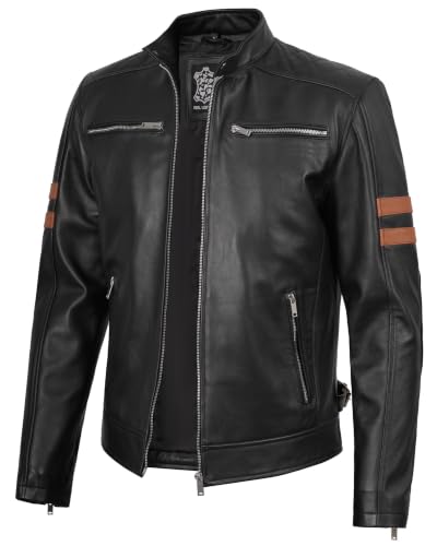 Real Lambskin Cafe Racer Leather Jacket Men Biker Style Stripes Sleeves - color: Black, size: Medium