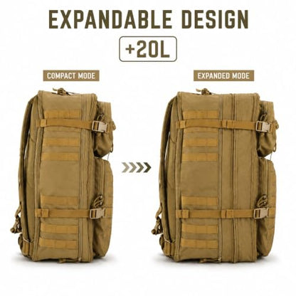 Large Coyote Tan Tactical Backpack for Men, 50L/60L/70L Expandable Military Backpack - color: Khaki