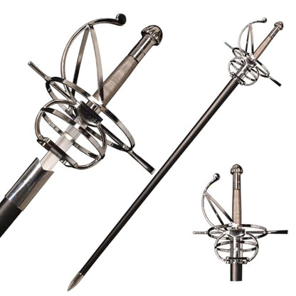 43.5" Unsharpened Renaissance Rapier Sword, Swept Hilt Stainless Steel Fencing Sword with Black Scabbard for LARP, Cosplay, Collection & Costume Display - style: Style 3