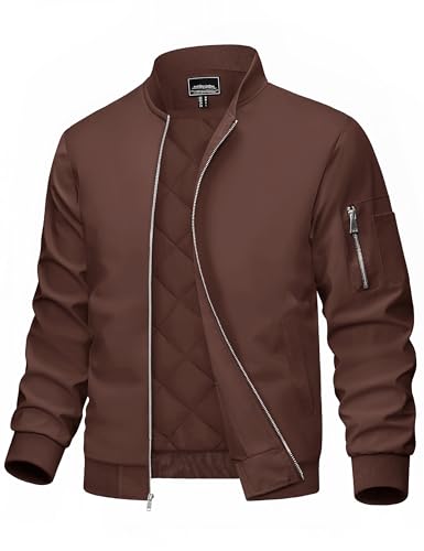 MAGCOMSEN Men's Bomber Jacket Casual Windproof Quilted Jacket Full Zip Windbreaker Winter Warm Varsity Jacket with Pockets - color: Coffee, size: Large