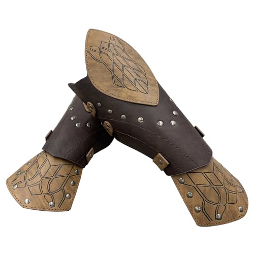 HiiFeuer Medieval Embossed Faux Leather Elf Arm Guards, Fantasy Cosplay Buckle Bracers, Knight Archer Gauntlets for LARP - color: Brown a