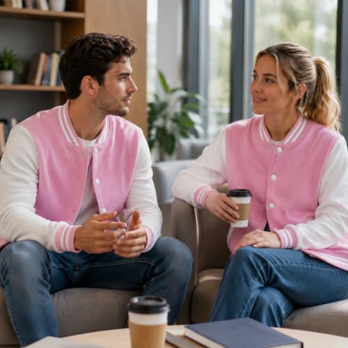 babyhealthy Men's Women's Varsity Baseball Jacket Casual Letterman Bomber Jacket Windbreaker Lightweight Jacket Coat - color: 002 Pink, size: Small