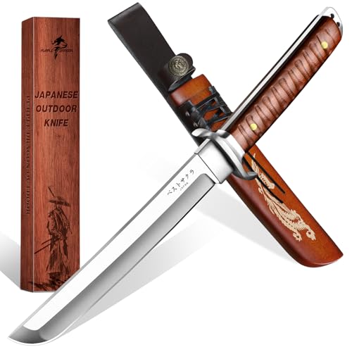 Purple Dragon Japanese Tanto Fixed Blade Knife with Engraved Sheath