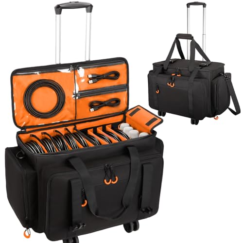 Large Rolling Dj Cable Bag with Detachable Dividers, Bottom Pad - color: Orange, style: Rolling Dj Cable Bag