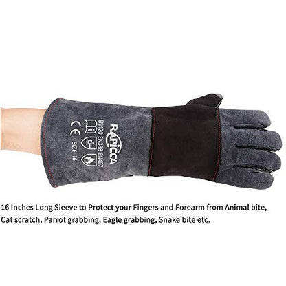 RAPICCA Animal Handling Gloves Bite Proof Double Leather Reinforced Padding Dog,Cat Scratch,Bird Handling Falconry Gloves Grabbing Reptile Squirrel Snake Bite 16in Grey-Black (Pack of 2) - size: 2 Count (Pack of 2), style: 16 Inches