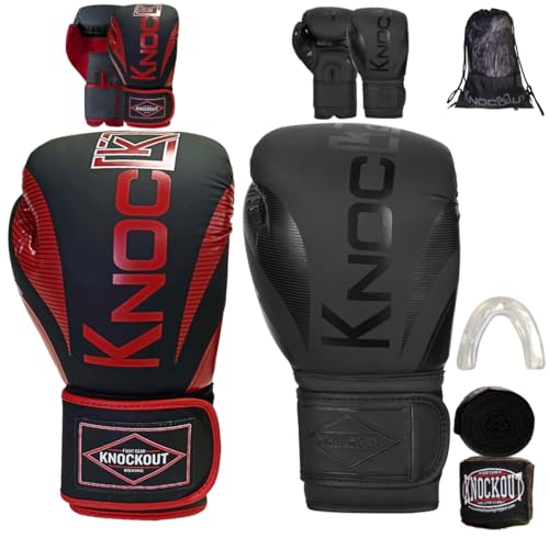 Knockout Elite Boxing Gloves 2 Pair Set, Complete Kit with Hand Wraps, Bag Pack, and Mouth Guard - Size 8oz-16oz-All Color Available - color: Black / Red, size: 10 oz