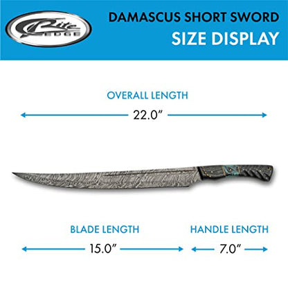 SZCO Supplies DM-5025 Wood and Turquoise Resin Handle Damascus Steel Short Sword with Leather Sheath, Black/Turquoise/Brown, 22" Length