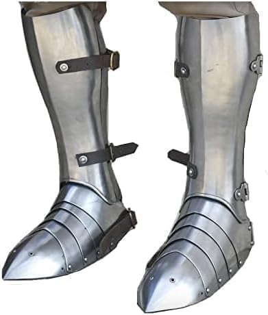 Medieval Combat Steel Greaves with Sabaton, Silver, 18 Gauge Steel and Leather Construction, 18 Inch Length, Knee Protection, LARP Battle Armor
