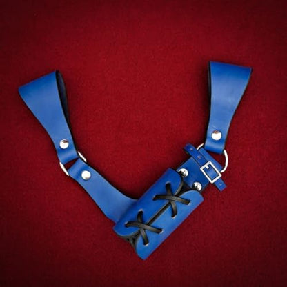 Mythrojan Medieval Sword Frog Adventurer with Leather Holder for Universal Rapier, Broadsword, Cutlass - style: Normal Left Handed - Blue (8" X 8")