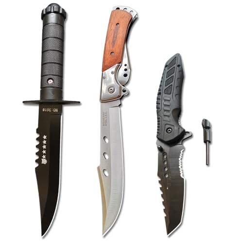 3-Piece Hunting & Survival Knife Combo Set - Large Folding & Fixed Blade with Nylon Sheath, 440C Steel Blade for Outdoor Use - color: Type-2