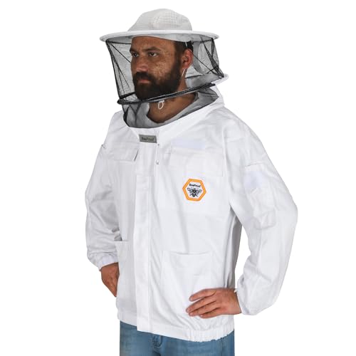 Beekeeping Jacket with Round Veil - Breathable Cotton Beekeeper Suit with YKK Zippers & Protective Hood (BP-102-White)-4XL - color: White Round Veil, size: 4XL