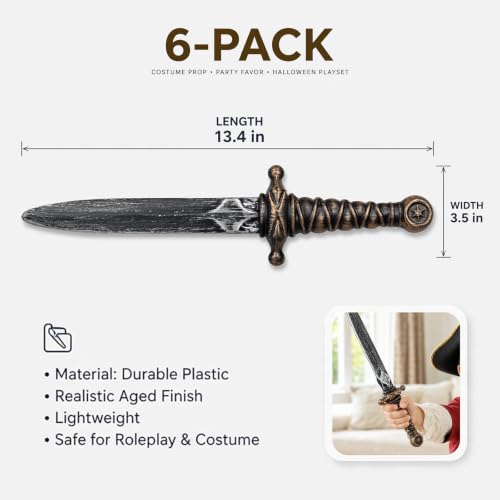 6pcs 13.4 Inch Pirate Sword Set - Plastic Toy Knife Prop, Pirate Dagger Costume Accessories for Kids & Adults, Halloween Cosplay Party