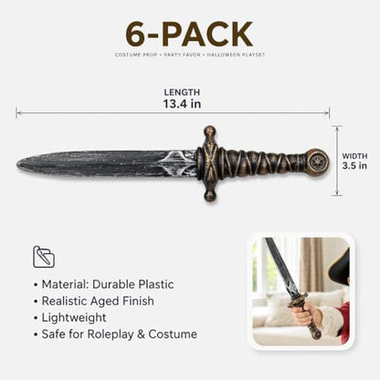 6pcs 13.4 Inch Pirate Sword Set - Plastic Toy Knife Prop, Pirate Dagger Costume Accessories for Kids & Adults, Halloween Cosplay Party