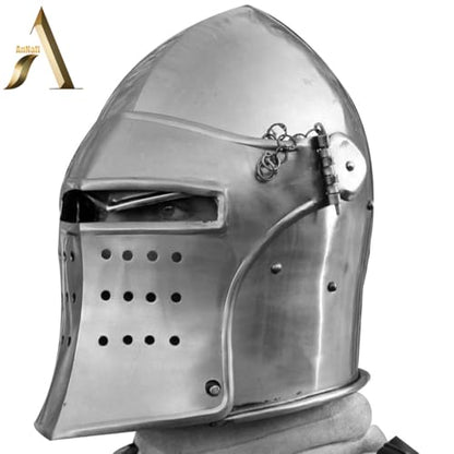 AnNafi® Medieval Knight Helmet, Renaissance Bascinet Visor Barbuta Barbute Functional Helmets, Knight Metal Armor Helmet Roleplay Wearable for Adult, Medieval Costumes Helm SCA LARP Replica Costume