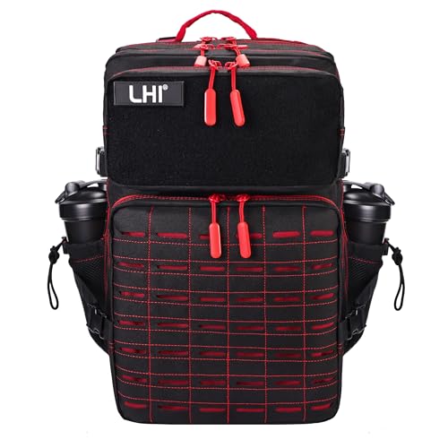 LHI Tactical Military Backpack for Men 25L/45L Large Molle Army Assault Pack 3 Day Hiking Rucksack With Bottle Holder - color: Bk-red Zipper, size: 45L
