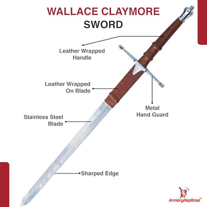 Armory Replicas™ - William Wallace Medieval Swords Collection - Deluxe Claymore Variations with Sheath - Stainless Steel Blade, Leather-Covered Handle - Inspired by Braveheart - style: Braveheart
