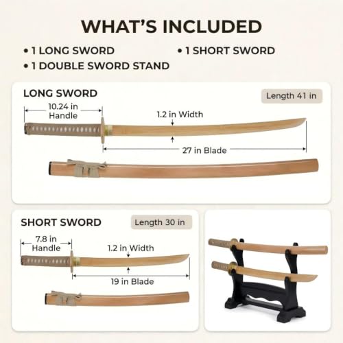 Bamboo Wood Practice Sword Set, Long & Short Training Katana with Sheaths