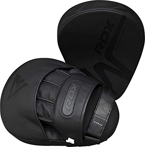 RDX Boxing Pads Focus Mitts, Convex Skin Leather Curved Hand Pad with Adjustable Strap, Hook and Jab Hand Strike Shield for MMA, Martial Arts, Punching Target, Muay Thai Training Matte Black