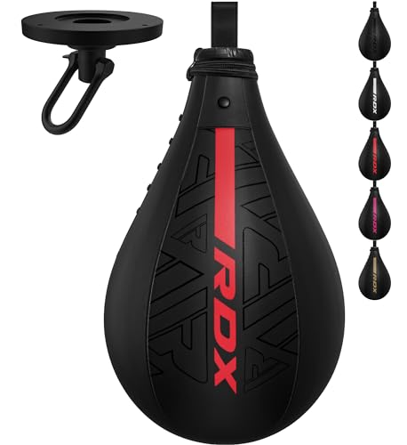 RDX Speed Bag Boxing Ball, Maya Hide Leather Dodge Striking Target with Additional Bladder, MMA Muay Thai Punching Workout Kicking Martial Arts Training Home Gym Exercise Speedball - color: BLACK RED, size: Speed Bag with Swivel