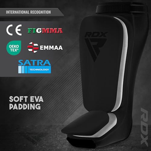RDX Shin Guards Kickboxing Muay Thai, SATRA Approved, MMA Leg Instep Protection Pads, Sparring Training Martial Arts Boxing, Elasticated Padded Protector, Karate BJJ Taekwondo Gear, Men Women - color: Full Black, size: Small