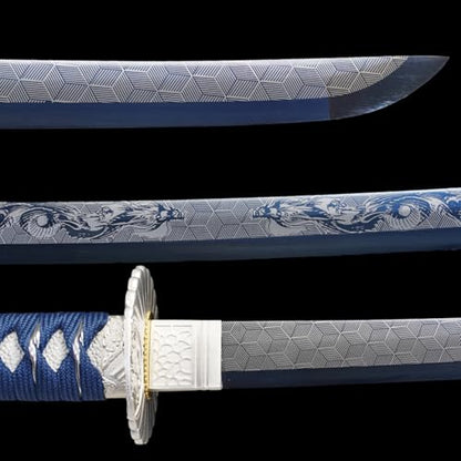 1045/1060 high Carbon Steel Full Hand Forged Traditional, Katana Sword Hademade Heat Tempered ，Japanese Samurai Swords ，Full Tang,Functional,Black - color: blue shuanglong