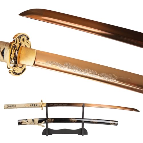 Real Samurai Sword Hand Forged with T10 Steel Clay Tempered 41-Inch - color: Golden Dragon