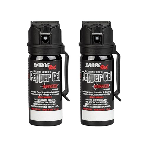 SABRE Crossfire Pepper Gel - 360° Spray for Defense at Any Angle, Maximum Strength Police-Grade OC Pepper Spray with UV Marking Dye, 20‑Foot Tactical Range, Fast Flip Top Safety, Belt Clip, 1.5 fl oz - color: Black Pepper Gel 2 Pack