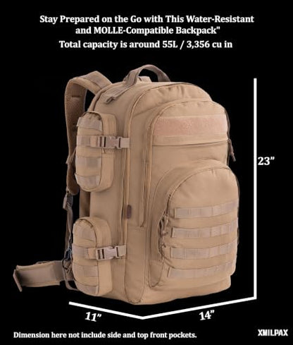 Large Tactical Backpack Bag For Hiking,Camping,Travel,Bug-Out 55L - color: Coyote Brown
