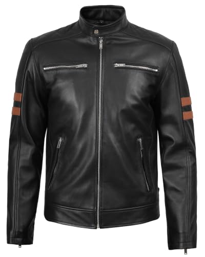 Real Lambskin Cafe Racer Leather Jacket Men Biker Style Stripes Sleeves - color: Black, size: Small