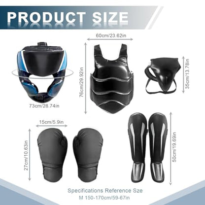Taekwondo Boxing Gear Set, Karate Sparring Gear Set Height Youth or Adults, Martial Arts Shin Guards/Chest Rib/Headgear/Mouthguards Guards Protective Gear Set - color: Black, size: 59”-67“