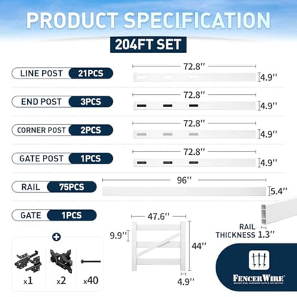 Fencer Wire 204FT Vinyl Ranch Fence Kit, 3-Rail White PVC Fence System with 4ft H x 4ft W Gate, 6ft Posts & 8ft Rails, UV-Resistant, Easy Installation, Durable Outdoor Fencing for Ranch, Yard & Farm - size: 204 FT W/ Gate