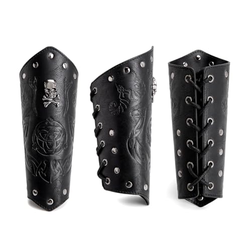 Leather Bracers for Men - Viking Embossed Medieval Arm Archery Guard Gauntlet Costumes - color: Hbr057-skull Black